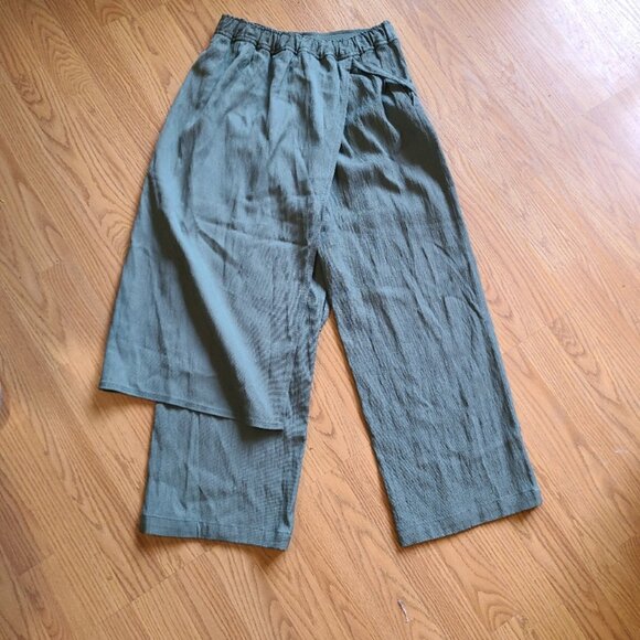 NEW NWT! ZARA WRAP FRONT SKIRTETED WIDE LEG PANTS TIE WAIST GREEN CREPE sz S - Picture 5 of 7
